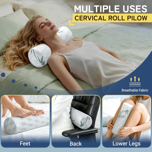 Cervical Roll Pillow, Cylinder Neck Pillow with Removable Washable Cover - size: 6x17in