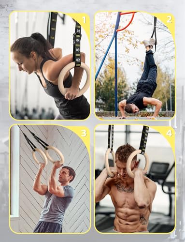 GHB Gymnastic Rings Wooden Gym Rings 1.25" Olympic Rings Adjustable Straps Pull Up Rings Sets for Workout Bodyweight Fitness Training - style: 32mm Rings & Carabiner Numbered Straps Set