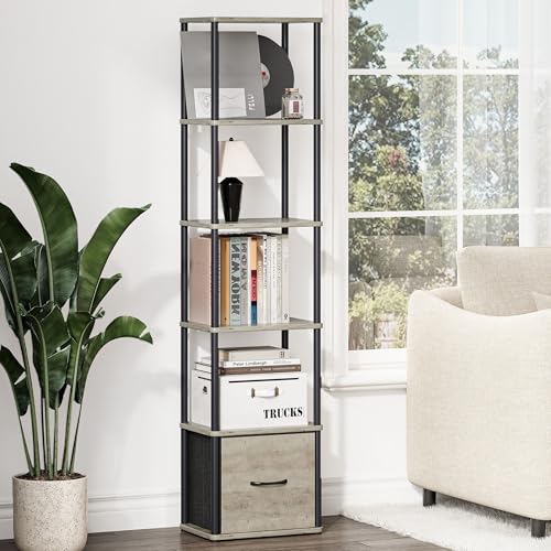 6-Tier Bookshelf with Drawer, Narrow Bookshelves Organizer, Floor Standing Ladder Shelf,Tall Bookcase for Small Space, Book shelf with Storage for Living Room, Bedroom, Office, Study Light Oak HBC505Z - color: Light Oak