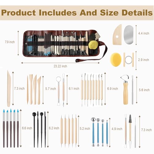 CeeVian Pottery Sculpting Tools Set 43PCS Clay Carving Tools | with Stainless Steel,Wooden Clay Carving Tools,Ball Stylus, Rubber Tip Shapers,Sponge & Storage Bag for Ceramic,Polymer Clay - color: Wood-43PCS