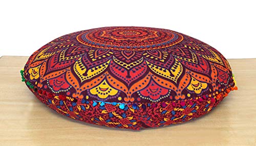 CRAFT KALA Large Hippie Floor Pillow Cover Mandala Meditation Cushion Case Pouf Cover Round Poufs Cover Bohemian Floor Cushion Cover Outdoor Fireplace Yoga Living Room Decor 32" New Orange Ombre - color: New Orange Ombre
