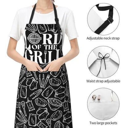 Art Apron with Pocket for Women Men | Kitchen Aprons Chef Apron for Cooking Baking BBQ Painting Gardening - color: Black Grilling Art
