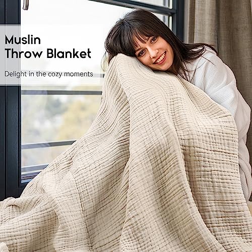 Yoofoss Muslin Blanket 100% Organic Cotton Throw Large 50" x 60" for Bed Couch Summer Gauze Blanket for Adults Lightweight and Breathable Apricot White - color: Apricot White, size: 50" x 60"