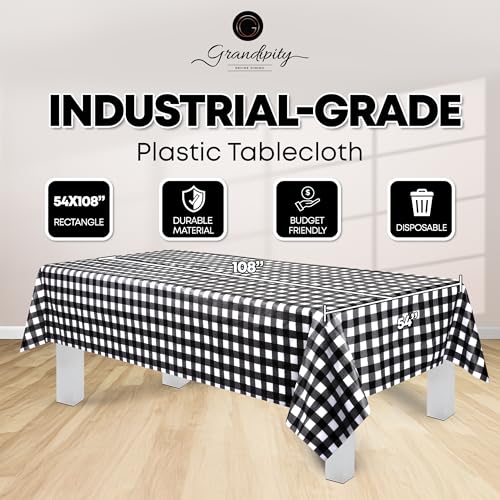 Grandipity Plastic Table Cloth Disposable 12 Pack 54” x 108” Rectangle | Black Gingham Plastic table covers, durable disposable tablecloths, fade and tear-resistent table cover for party, event - color: Black Gingham, size: 54in. x 108in. Rectangle