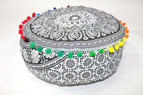 16 Inch Round Mandala Floor Cushion Cover, Black Elephant Bohemian Pouf Cover, Cotton Ottoman Floor Pillow Cover, Decorative Meditation Cushion Case for Living Room, Bedroom, Home Decor (Cover Only) - color: Black & White, size: 16"D x 16"W x 5"H