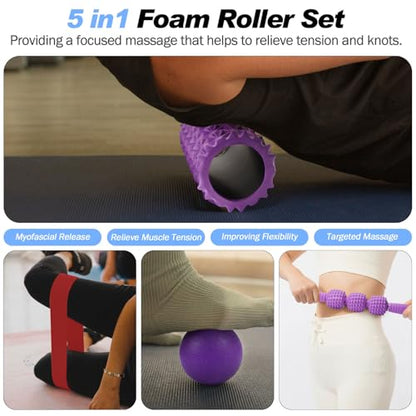 5 in 1 Foam Roller Set High Density Patented Foam Roller for Exercise - color: Purple Diamond