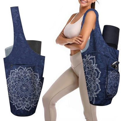 Yoga Mat Bag Carrier for Women Workout Large Waterproof with Zipper Pocket, Keychain and Wide Shoulder Straps - color: mandala