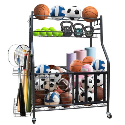 Sports Equipment Garage Organizer, Garage Ball Storage Rack with Basket, Hooks and Rolling Cart for Sports Gear and Toy Storage, Heavy Duty Ball Holder Indoor/Outdoor Use