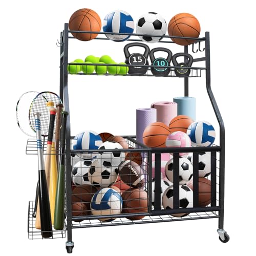 Sports Equipment Garage Organizer, Garage Ball Storage Rack with Basket, Hooks and Rolling Cart for Sports Gear and Toy Storage, Heavy Duty Ball Holder Indoor/Outdoor Use