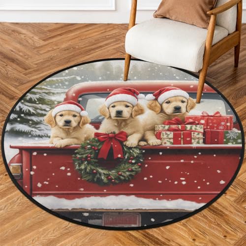 Christmas Red Truck Dog Round Area Rug 5Ft Circle Rugs Carpet Floor Mat - color: Dog, size: 5 ft