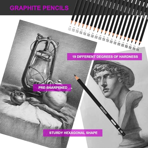 HIFORNY 70 PCS Drawing Set Sketching Kit,Sketch Pencils Art Supplies with Graphite,Charcoal,Blending Tools & Accessories,Portable Zippered Travel Case for Artists & Beginners