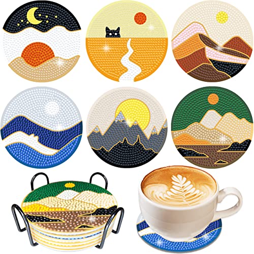 Vcekract 6 Pcs Abstract Landscape Diamond Art Coasters Kit for Adults | Diamond Painting Coasters with Holder & Protective Backing, Diamond Art Adult Crafts for Table Home Decoration - color: Abstract Landscape Coasters
