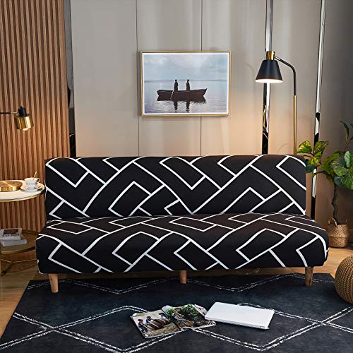 MIFXIN Armless Sofa Cover Futon Slipcover Stretch Elastic Folding Sofa Bed Cover Non-Armrest Couch Furniture Protector Printed Washable Sofa Cover(Black White) - color: Black White