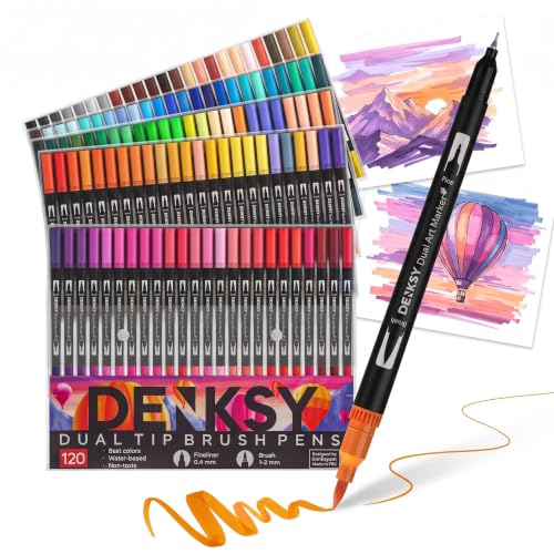 120 Watercolor Markers Set | Water Color Pens with Brush & Fineliner, Water-Based Art Markers | Dual Tip Markers for Adult Coloring, Lettering, Calligraphy, Sketching, Journaling & Illustration - color: Black