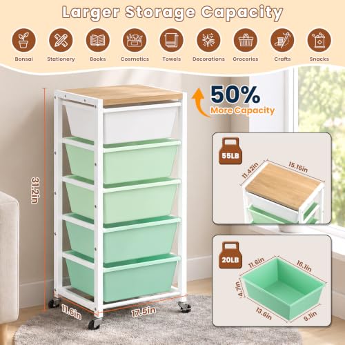 Rolling Cart with 5 Drawers, Plastic Drawer Storage Carts with Wheels & Wooden Tabletop, Metal Utility Cart for Office Bedroom Living Room Classroom, Craft Organization and Storage, Green - color: Green