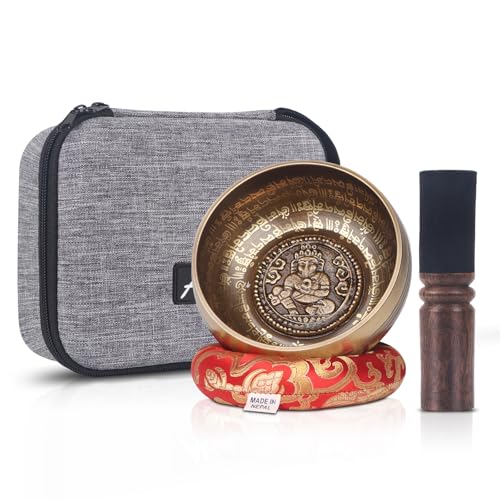 Kmise Tibetan Singing Bowls Set- Handmade in Nepal Meditation Sound Bowls for Yoga, Meditation, Mindfulness, Healing and Chakra Balancing, Stress Relief (5'，Ganesha) - color: 5inch Ganesha