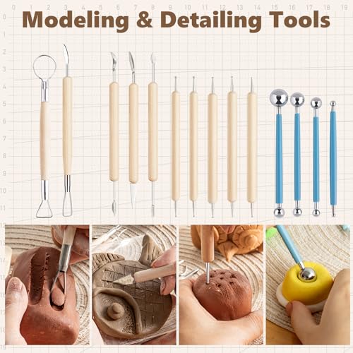 UUSYCUN 48PCS Pottery Tools for Sculpting, Clay Tool Kit for Carving, Modeling Ceramics, Pottery Kiln, Polymer Clay Tools for Trimming, Beginners, Pros, Adults, Supplies - color: Wood-48PCS