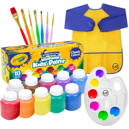 Kids Painting Set, Washable Paint for Toddlers 10 Colors, Art Gift Bundle | Includes 10 Tempera Paints (2 oz Each), 7 Paintbrushes, Paint Palette, Art Smock, Features Non-Toxic, Low-Odor