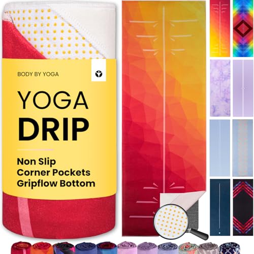 Yoga Drip: Hot Yoga Towel – Non Slip Yoga Mat Towel with Corner Pockets, Silicone Grip Dots & Subtle Alignment Lines | Sweat Absorbent, Moisture Wicking, Quick Dry | No Bunching or Sliding | 72” x 26” - color: Sunset Shimmer