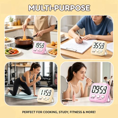 Antonki 2 Pack Digital Timer for Kids Classroom Kitchen Timers for Cooking | w/ Battery, Easy to View, Alarm, Mute Mode, Count Down/Up, Magnetic, Kickstand, Hanging, Classroom Timer for Teacher Supplies - color: 2 * Lovely Pink + Light Peach
