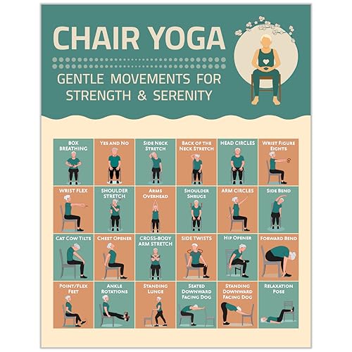 Chair Yoga Chart For Seniors - 24 Illustrated Stretching Poses for Strength & Stability - Yoga Poster for Physical Therapy, Mobility Practice - Mindful Flexibility Routine for the Home, Office or Gym - size: 10"L x 8"W