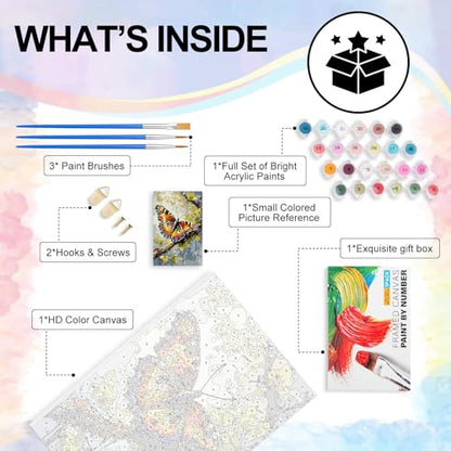Yezavesu Framed Paint by Numbers Kit for Adults Beginner & Kids Ages 8-12, Butterfly Paint by Numbers with Frame, DIY Number Painting for Adults Butterfly for Home Wall Decor Gift 8X 12 inch | With Frame Canvas 8x12 inch, DIY Acrylic Painting by Numbers B