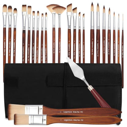 25 PCS Paint Brush Set for Acrylic, Oil & Watercolor, Artist Brush Kit with Flat, Filbert, Fan, Round, Liner, Dagger & Angle Brushes, Synthetic Bristles, Roll-Up Case