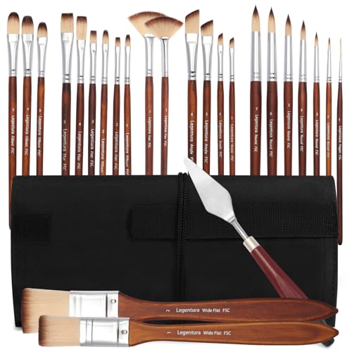 25 PCS Paint Brush Set for Acrylic, Oil & Watercolor, Artist Brush Kit with Flat, Filbert, Fan, Round, Liner, Dagger & Angle Brushes, Synthetic Bristles, Roll-Up Case