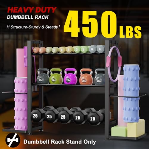 3-Tier Small Adjustable Dumbbell Rack, 450LBS Capacity Home Gym Weight Rack with Yoga Mat Holder & Hooks, Space Saving Workout Equipment Storage Organizer, Tool-free Assembly