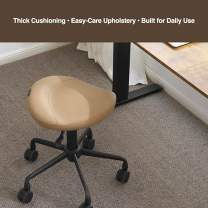 Ergonomic Saddle Stool, Adjustable Hydraulic Rolling Chair with Swivel Seat - color: Tan, size: Standard without Backrest