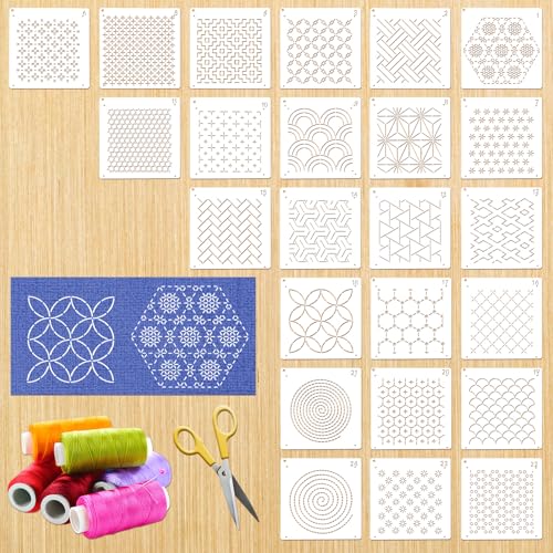 24Pcs Sashiko Stencil for Crafts, Reusable Embroidery Stencils Geometric Line Stencil Kit, Quilting Templates for Sewing Hand Quiltings Crafting Clothes