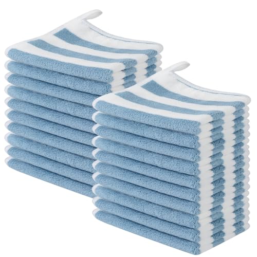 SINLAND Microfiber Facial Cloths Fast Drying Washcloth 12inch x 12inch Absorbent Face Wash Cloth Soft Makeup Remover Cloths - color: Blue Stripes, size: 1 Count (Pack of 20)