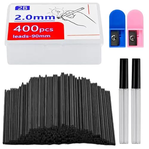 400 Pcs 2.0mm Mechanical Pencils Leads 2B Pencil Refills | 2.0mm Bold Thick Pencil Leads With 2 Sharpeners And 2 Tubes For Drafting Sketching Artist School Office Students Stationery ﻿