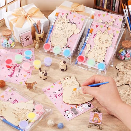 Saypacck 24 Pcs Cat Party Favors Wooden Paint Craft Kits | Cute Cat Designs, Includes Paints Brush Bag, For Girls Cowgirl Theme Goodie Bag Fillers, DIY Thank You Gifts - style: Cat