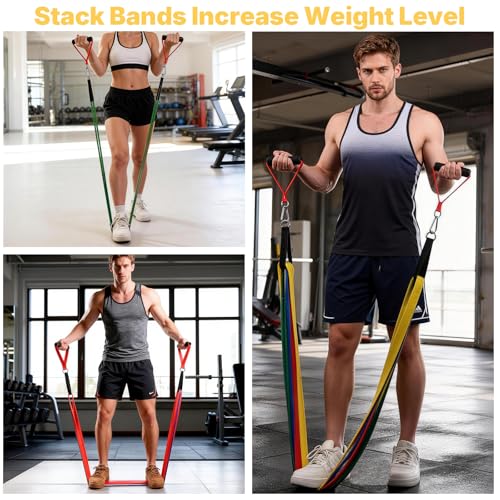 Exercise Bands，Set of 6 Resistance Bands for Working Out,Pull Up Bands Set,at Home Workout Equipment,Instruction Guide and Carry Bag Included - color: 5set（Blue+green+purple+yellow+red+handles&ankle straps ）