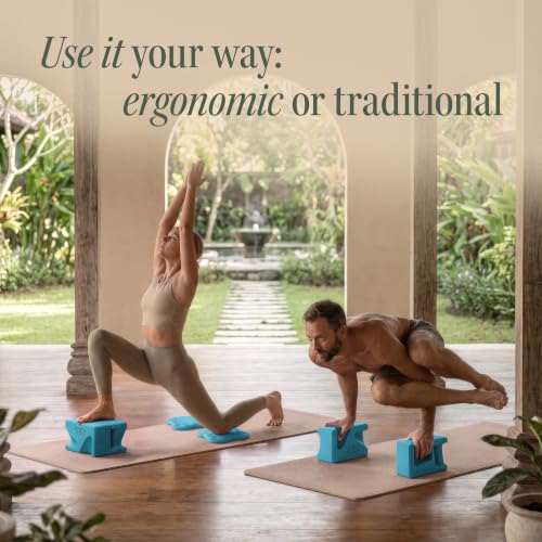 PRO Yoga Blocks | Ergonomic Yoga Block 2 Pack for Wrist Comfort and Support | EVA Foam Exercise Blocks, 2x Knee Pads & Yoga Strap | Pilates Block Set | Bricks to Eliminate Wrist Pain - color: Blue