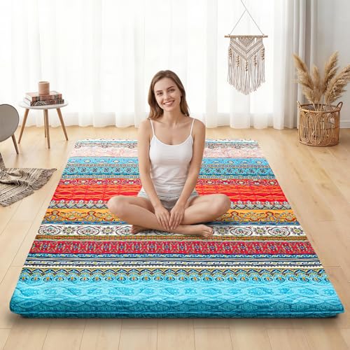 SCHNAUZER HOME Japanese Floor Mattress Futon Mattress Twin 3.5" Thick Boho | Foldable Mattress Tatami Mat Sleeping Pad, 100% High Density Foam, Kids Floor Lounger Bed Sofa, Bohemian - color: Boho, size: Twin( 80 x 39 )