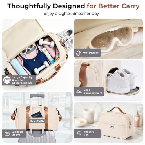FIORETTO Women's Gym Duffle Bag with Shoes Compartment, 30L Capacity, Ideal for Travel, Gym, Sports, Duffel, Weekender - color: Beige& Brown, style: Gym Bag With Toiletry Bag