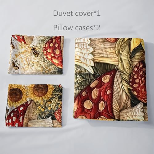 AILONEN Mushroom & Sunflower Duvet Cover Set King Size,Cartoon Flower Bee Quilt Cover with 2 Pillowcases, Soft Breathable 3Pcs - color: Mushroom110, size: King
