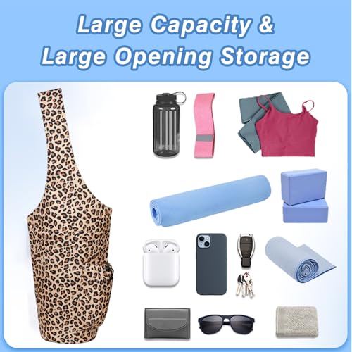 Yoga Mat Bag - Large Opening Long Tote Yoga Mat Carrier Holder Bag with Waterproof Wet Zipper Pocket and Drawstring Water Bottle Pocket - Yoga Bag Fit Most Size Mats - color: Leopard Print