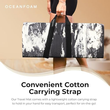 Oceanfoam Travel Workout Mat – 0.3" Thick Folding Exercise Mat for Yoga, Pilates, & Fitness – Non-Slip with Cotton Carrying Strap, Made with Sustainable Algae Foam – 24" x 72" (Black Marbled) - color: Black Marbled