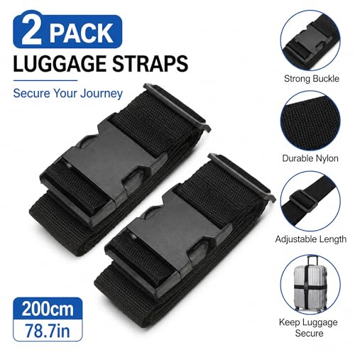 Black Luggage Strap to Fix Suitcase, Adjustable Lockable Strap for Travel - size: 80Inch