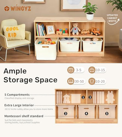 WINGYZ Rubber Wood Montessori Bookshelf, 5-Section Wooden Storage Cabinet - size: 43.3"D x 11.8"W x 23.6"H