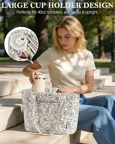 Bagstellar Quilted Tote Bag for Women Teacher Nurse Cotton Laptop Work Tote | Top Zip Closure Puffer Nursing School Travel Tote Bags with 40oz Cup Holder, Lightweight 14” Computer Shoulder Handbag Purses - color: Paisley