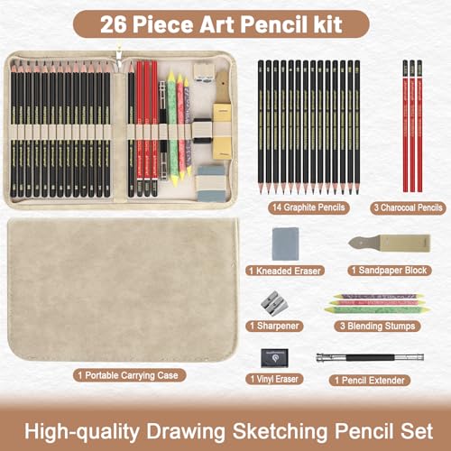Heshengping, Sketching and Drawing Pencils Set 26pcs, Art Supplies Drawing pencil Kit,Graphite Charcoal Professional Pencils Set, Adults Beginners Artist - style: 26 Pack Sketching Pencils Beige