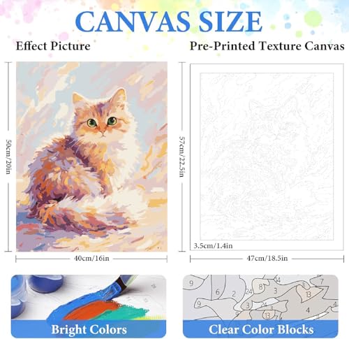 ZRIZQ Paint by Numbers Kit for Adults Beginner Animal,Cat,16x20 | Full set with wooden brushes,rolled canvas,rich paints.Calming activity.Beginner friendly.Just open and paint. - color: 16"X20"Rolled Canvas(Frameless)-Cute Cat