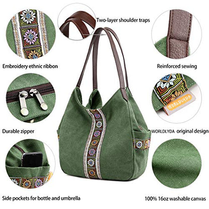Worldlyda Women Canvas Hobo Purse Multi Pocket Tote Shopper Shoulder Bag Casual Top Handle handbag with Embroidery Ethnic - color: Army Green 1