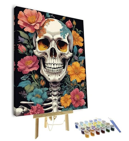TUMOVO Adult Paint by Number Kits on Canvas Skull Flowers Color by Number DIY Skull Paint by Numbers Kit for Adults Canvas Adults' Paint-by-Number Kits Oil Painting Kit with Framed, 16 x20 Inch - color: Skull-Framed
