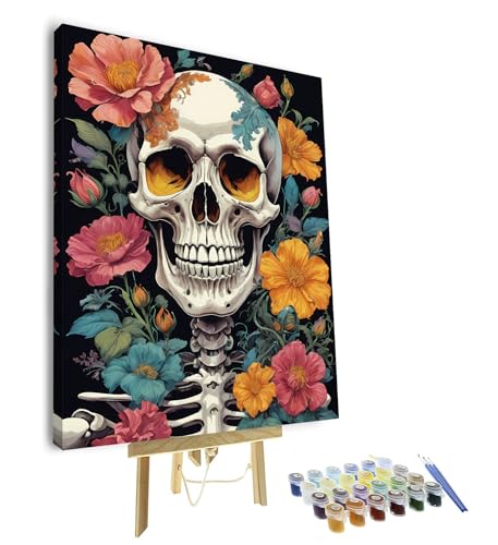 TUMOVO Adult Paint by Number Kits on Canvas Skull Flowers Color by Number DIY Skull Paint by Numbers Kit for Adults Canvas Adults' Paint-by-Number Kits Oil Painting Kit with Framed, 16 x20 Inch - color: Skull-Framed
