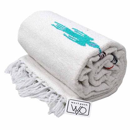 Open Road Goods Namaste White Yoga Blanket - Thick Mexican Thunderbird Blanket - Handmade and Made for Yoga!